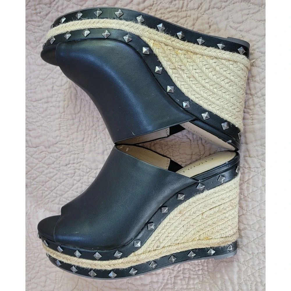 Charles by Charles David Womens Black Studded Espadrille Wedge Mule Sandals 10